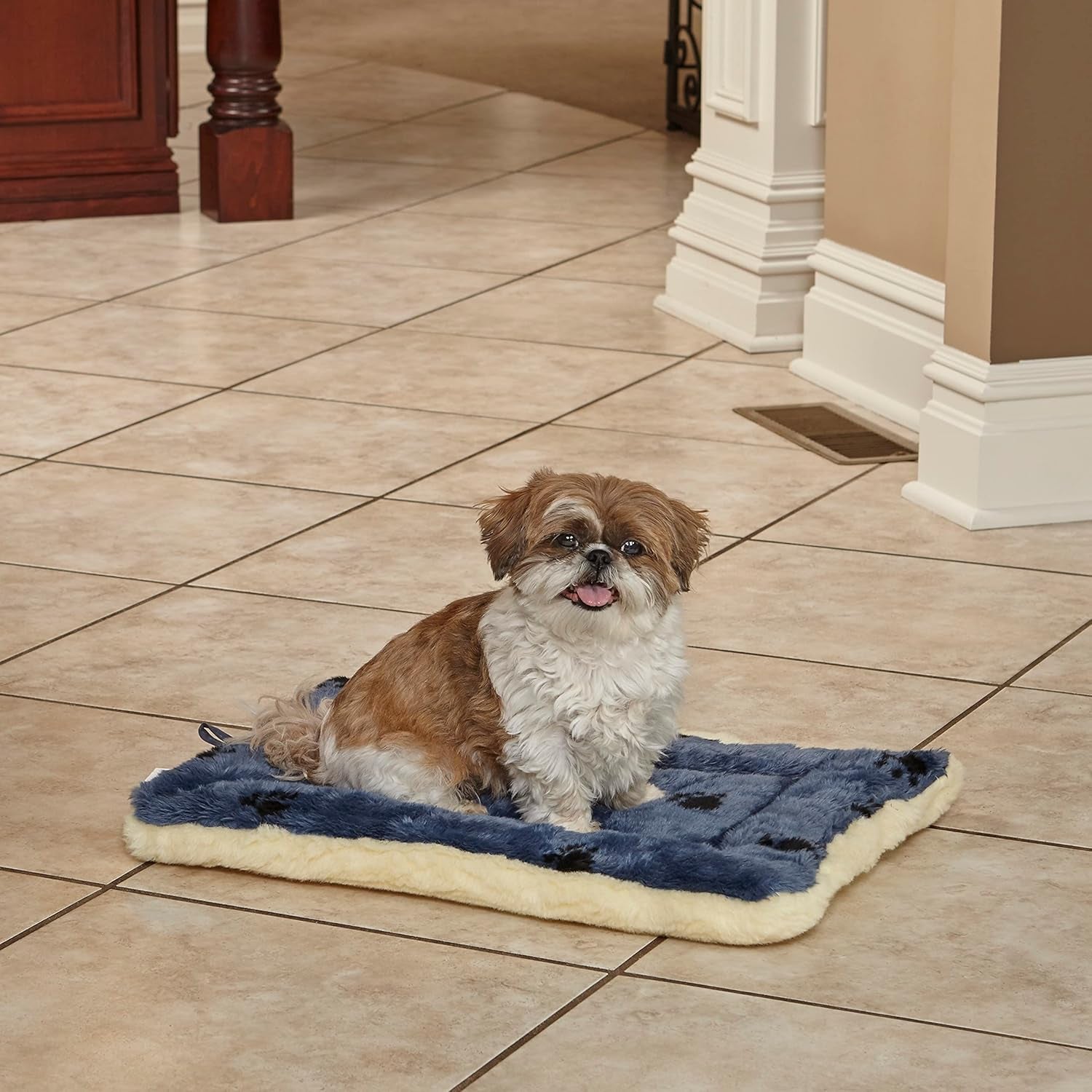 Reversible Paw Print Pet Bed in Blue / White, Dog Bed Measures 21L X 12W X 2.5H for X-Small Dogs, Machine Wash